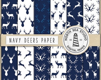 Night forest, navy digital paper, deer paper, deer backgrounds, woodland patterns, reindeer paper, navy antler, instant download