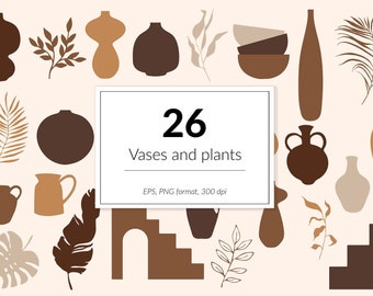 May include: A collection of 26 vases and plants in various shapes and sizes, in shades of brown and beige. The image includes vases, bowls, leaves, and a staircase design. The text "26 Vases and plants" is displayed in a white rectangle.