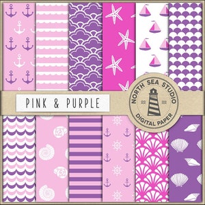 Ahoi party | nautical digital paper | purple and pink scrapbook paper | printable backgrounds | 12 jpg, 300dpi files