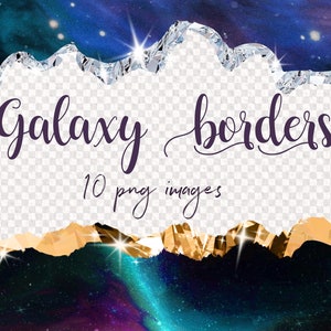 Puede incluir: Un conjunto de 10 bordes con temática de galaxia con un efecto de papel rasgado. Los bordes están en tonos de azul, morado y verde con acentos dorados y estrellas brillantes. El texto "Galaxy borders" y "10 png images" está escrito en morado sobre un fondo blanco.