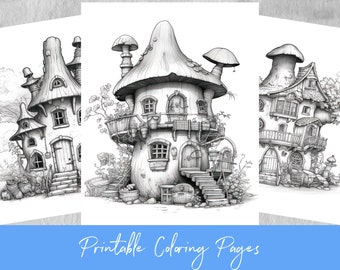 Gnome fairy house, fantasy coloring pages, grayscale coloring page, adults & kids, size 8,5 x 11 inches, printable PDF