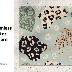 May include: Seamless vector pattern featuring a leopard print design in shades of brown, black, and white. The pattern also includes green leaves and a light blue background.