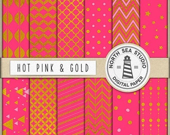 Just a girl | hot pink and gold digital paper pack | scrapbook paper | Printable backgrounds | 12 jpg, 300dpi files