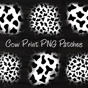 Puede incluir: Seis parches de estampado de vaca en blanco y negro con fondo blanco. Los parches tienen forma circular con un borde rugoso pintado con aerosol. El texto "Cow Print PNG Patches" está escrito en blanco debajo de los parches.