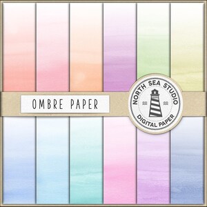 May include: A set of 10 digital paper backgrounds featuring ombre watercolor designs in various pastel colors. The papers are labeled "Ombre Paper" and include a lighthouse logo with the text "North Sea Studio Digital Paper".
