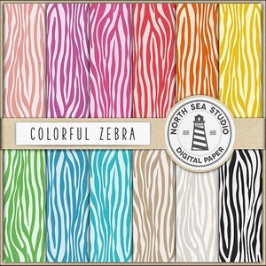 May include: A set of 10 digital papers featuring colourful zebra stripes in various colours, including pink, red, orange, yellow, green, blue, brown, and black. The papers are labelled "Colorful Zebra" and "North Sea Studio Digital Paper".