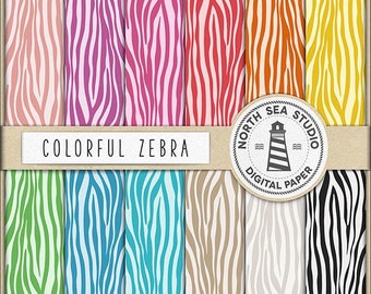 Colorful zebra digital paper pack | scrapbook paper | printable backgrounds | 12 jpg, 300dpi files | instagram post | for canva