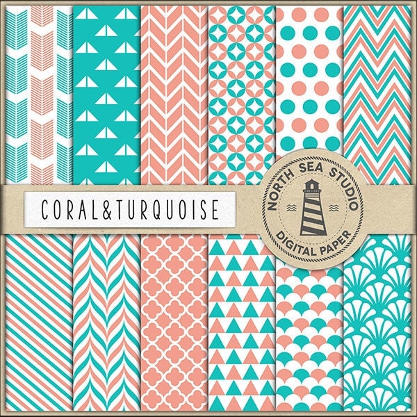 Color inspiration | coral and turquoise digital paper pack | scrapbook paper | instagram post backgrounds | 12 jpg, 300dpi files