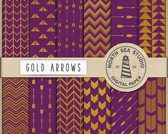 Gold arrows digital paper pack | Scrapbook paper | printable backgrounds | 12 jpg, 300dpi files