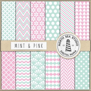 Mint and pink digital paper pack | scrapbook paper | printable backgrounds | 12 jpg, 300dpi files