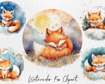 May include: Five watercolour illustrations of foxes in different poses. Each fox is surrounded by a circular background with stars and a moon. The text "Watercolor Fox Clipart" is at the bottom of the image.