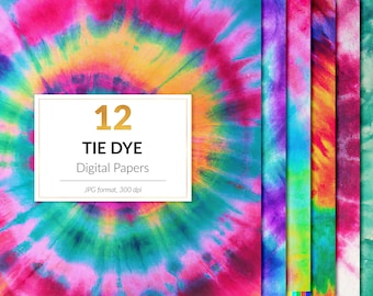 May include: 12 Tie Dye Digital Papers. A set of 12 digital papers featuring tie dye patterns in various colors, including pink, blue, green, yellow, and orange. The papers are in JPG format and 300 dpi.