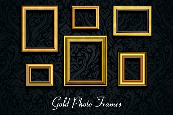 Retro gold photo frames, gold frame clipart, golden picture frames, photoshop overlays, frames for editing collages
