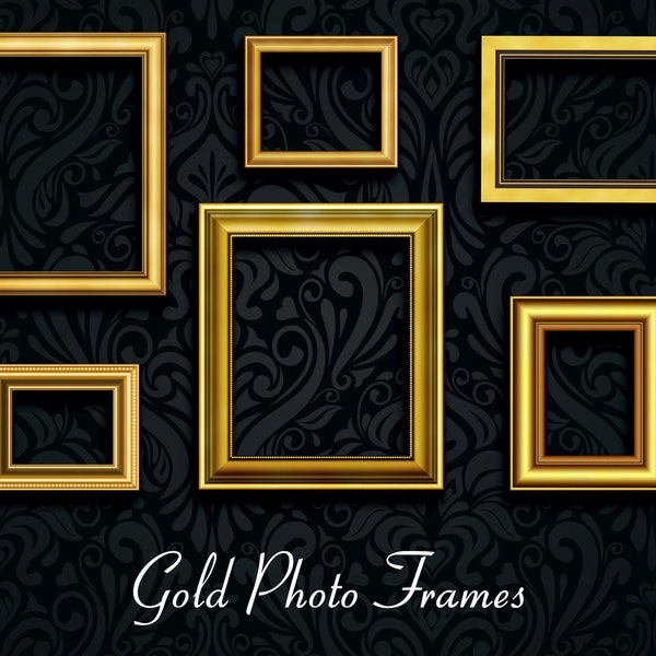 Retro gold photo frames, gold frame clipart, golden picture frames, photoshop overlays, frames for editing collages