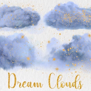 Blaue Wolken Overlays mit Goldstaub im PNG Format, Photoshop Overlays, Design Elemente für Grafikdesign, sofortiger Download, kommerzielle Nutzung