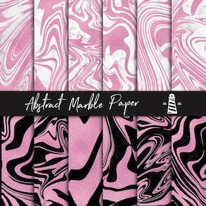 May include: A collection of abstract marble paper designs. The designs feature swirling patterns in pink, black, and white. The text "Abstract Marble Paper" is displayed on a black banner.