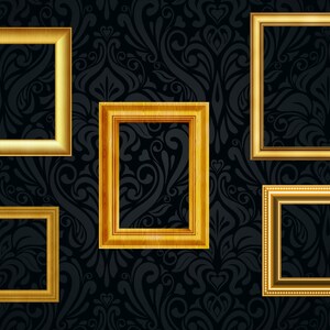 May include: Five gold picture frames of varying sizes are arranged on a black background with a swirling pattern. The frames are all ornate and have a classic design.