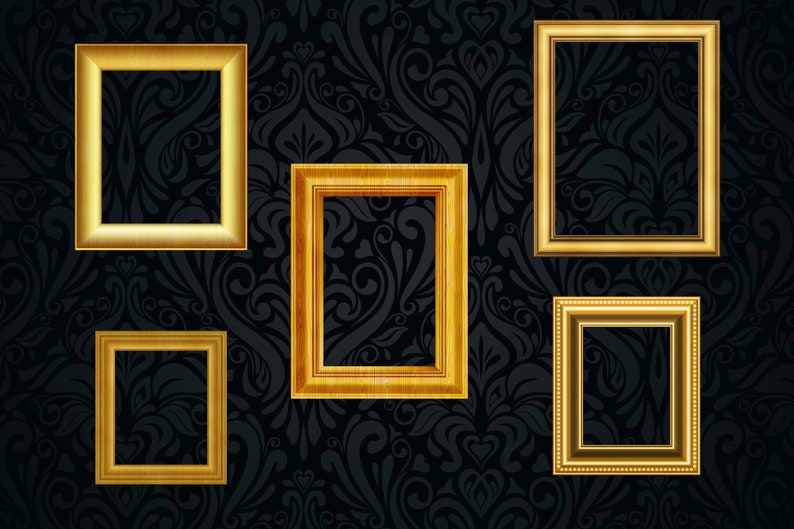 May include: Five gold picture frames of varying sizes are arranged on a black background with a swirling pattern. The frames are all ornate and have a classic design.