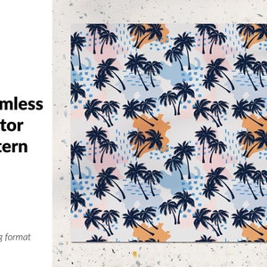 May include: A seamless vector pattern featuring palm trees, abstract shapes, and a white background. The pattern is in shades of blue, pink, and orange.