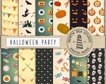 Halloween digital paper pack, Halloween patterns, witch, cat, bat, pumpkin, candy, party decor paper