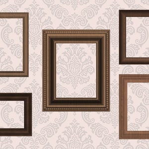 May include: Four brown picture frames of varying sizes and styles against a white background with a damask pattern.