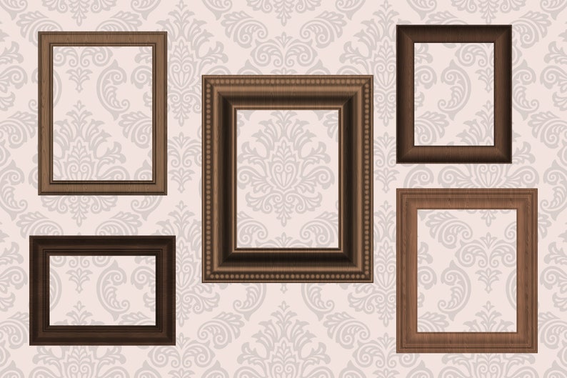 May include: Four brown picture frames of varying sizes and styles against a white background with a damask pattern.
