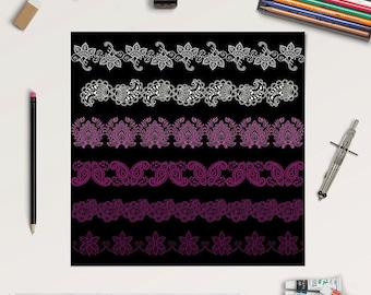 Lace borders clipart, lace frames in plum and purple, transparent background, commercial use