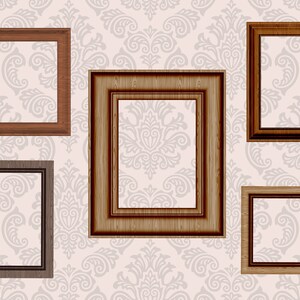 May include: Five wooden picture frames of varying sizes and styles, all with a brown finish, against a white background with a repeating pattern.