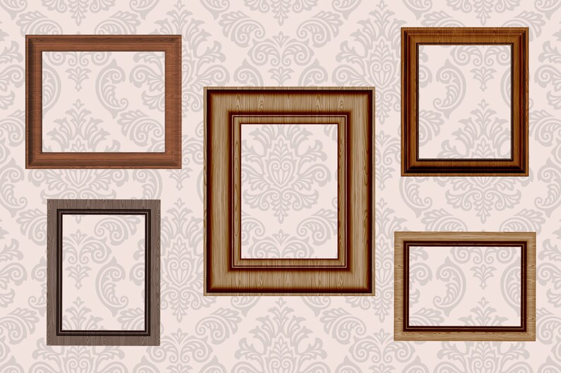 May include: Five wooden picture frames of varying sizes and styles, all with a brown finish, against a white background with a repeating pattern.