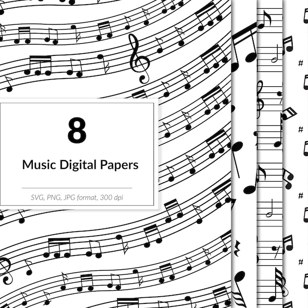 Music digital paper, SVG music sheet patterns, music overlays, music notes, PNG format with transparent backgrounds