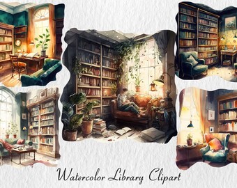 May include: Five watercolor illustrations of cozy library rooms with bookshelves, armchairs, and windows. The illustrations feature warm lighting, plants, and a person reading a book.