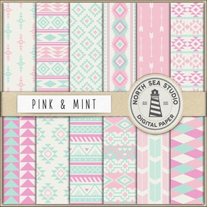 May include: A set of 10 digital papers featuring pink and mint geometric patterns. The papers are ideal for scrapbooking, card making, and other crafting projects. The papers are designed by North Sea Studio.