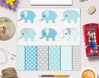 Leuke jongen, olifant clipart, zoete baby douche clip art, olifanten en digitale papieren in zacht blauw en grijs, olifant clip art