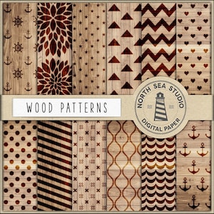 May include: A set of 12 digital paper patterns featuring wood grain textures with various geometric designs in brown and red. The patterns include anchors, stars, hearts, waves, polka dots, stripes, and more. The text "WOOD PATTERNS" and "NORTH SEA STUDIO DIGITAL PAPER" is included in the image.