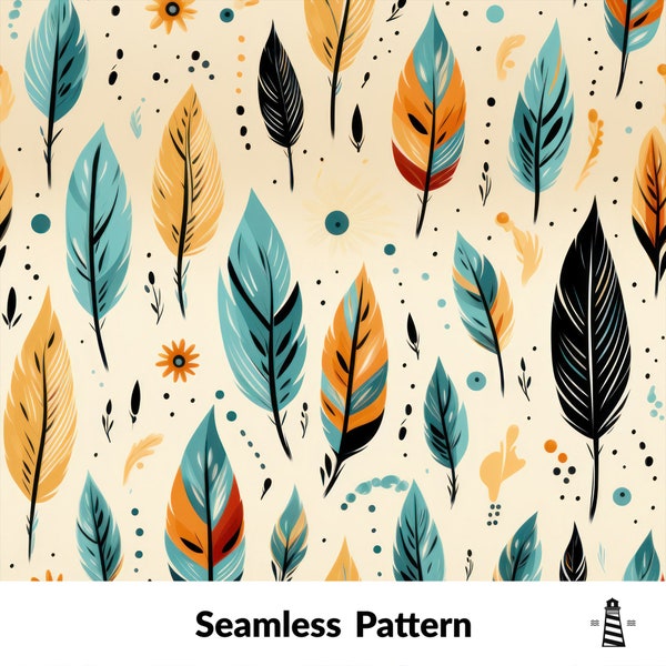 Boho feathers seamless pattern, bohemian contemporary pattern, creative collage background