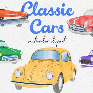 Watercolor cars clipart, vintage car images, watercolor retro vehicles, road, travel, trip, isolated png images