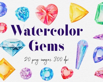 Può includere: Set di 20 immagini di gemme ad acquerello. Il set include varie forme e colori di gemme, tra cui blu, rosso, verde, viola e giallo. Le gemme sono dipinte in uno stile ad acquerello e hanno un aspetto morbido e sognante.