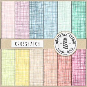 Puede incluir: Un conjunto de 10 patrones de papel digital con un diseño de trama cruzada en varios colores, incluyendo rosa, azul, verde, amarillo y rojo. Los patrones están etiquetados como "CROSSHATCH" y "NORTH SEA STUDIO DIGITAL PAPER".