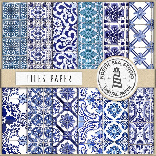 Portuguese tiles digital paper, tiles patterns, blue portuguese tiles, tiles paper, blue mosaic patterns, for scrapbooking