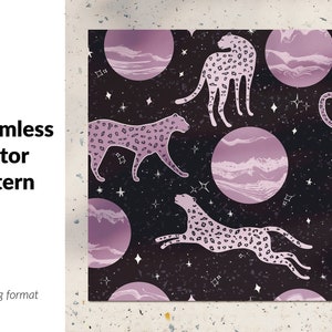 May include: A seamless vector pattern featuring pink and white planets with a textured surface, and black leopards with white spots on a dark background. The pattern is filled with white stars.