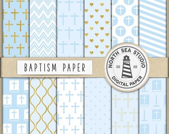 May include: A set of 10 digital papers featuring various patterns in blue and gold. The patterns include crosses, hearts, stripes, polka dots, and a chevron design. The papers are perfect for creating invitations, cards, and other crafts.