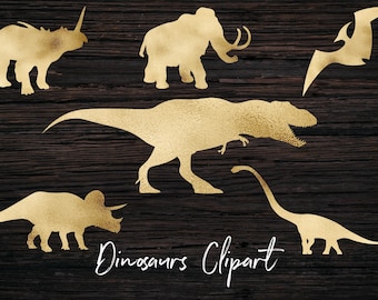 May include: Silhouettes of various dinosaurs and a mammoth, all in a gold metallic finish, against a dark wood background. The text "Dinosaurs Clipart" is written in white cursive at the bottom of the image.