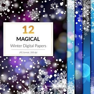 Magical winter digital paper, snowflake and bokeh backgrounds, winter frames, snowflake borders, for invitations & card making