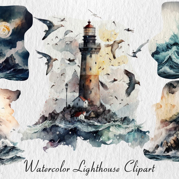 Watercolor lighthouse clipart, aquarelle lighthouses, storm, ocean, full moon, png images, transparent background, commercial use