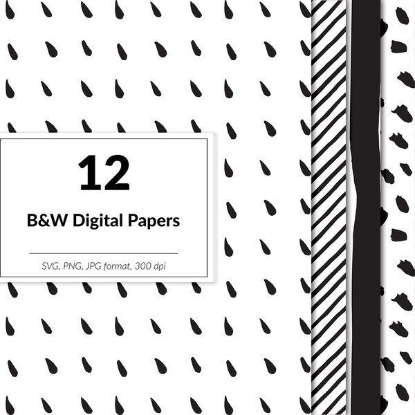 B&W svg patterns, doodle digital paper, hand painted patterns, triangles, stripes, rain drops, spots