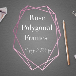 Può includere: Un set di 12 cornici poligonali in oro rosa, ciascuna con un design geometrico. Le cornici sono di 20,3 cm di lato e hanno una risoluzione di 300 dpi. Le cornici sono perfette per aggiungere un tocco di eleganza ai tuoi progetti.