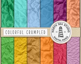 Colorful crumpled, wrinkled digital paper, creased backgrounds, old paper, shabby paper, wrinkle vintage paper