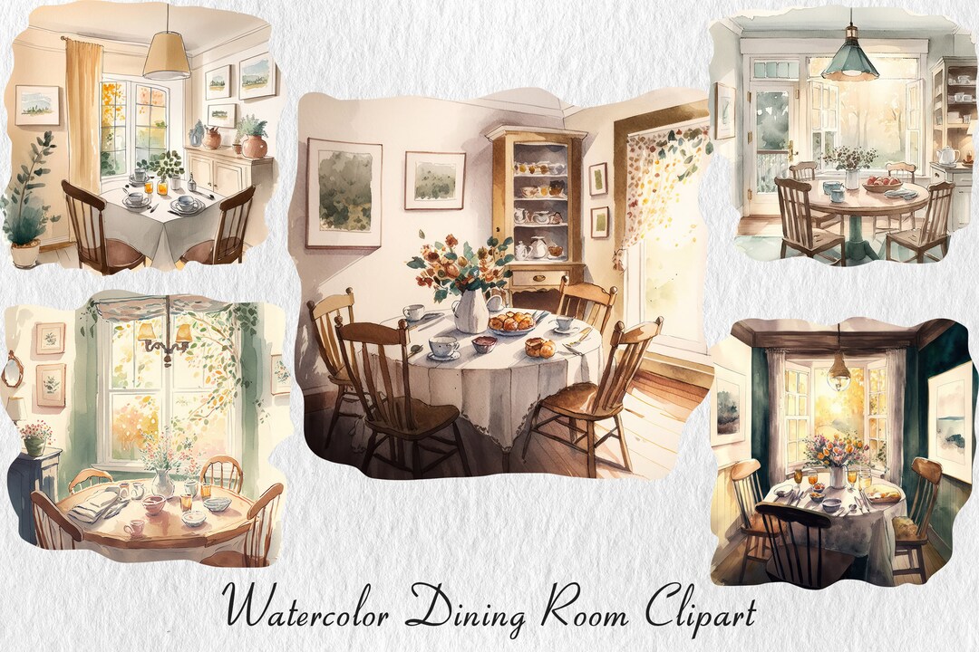 Watercolor Dinning Room Clipart, Cozy Atmosphere, Table, Chairs ...