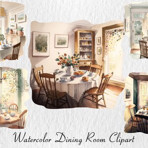 Watercolor dinning room clipart, cozy atmosphere, table, chairs, flowers, png images, transparent background, commercial use