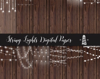 String lights digital paper, lights on wood, fairy lights backgrounds, light strings, wood backgrounds, wedding invitations